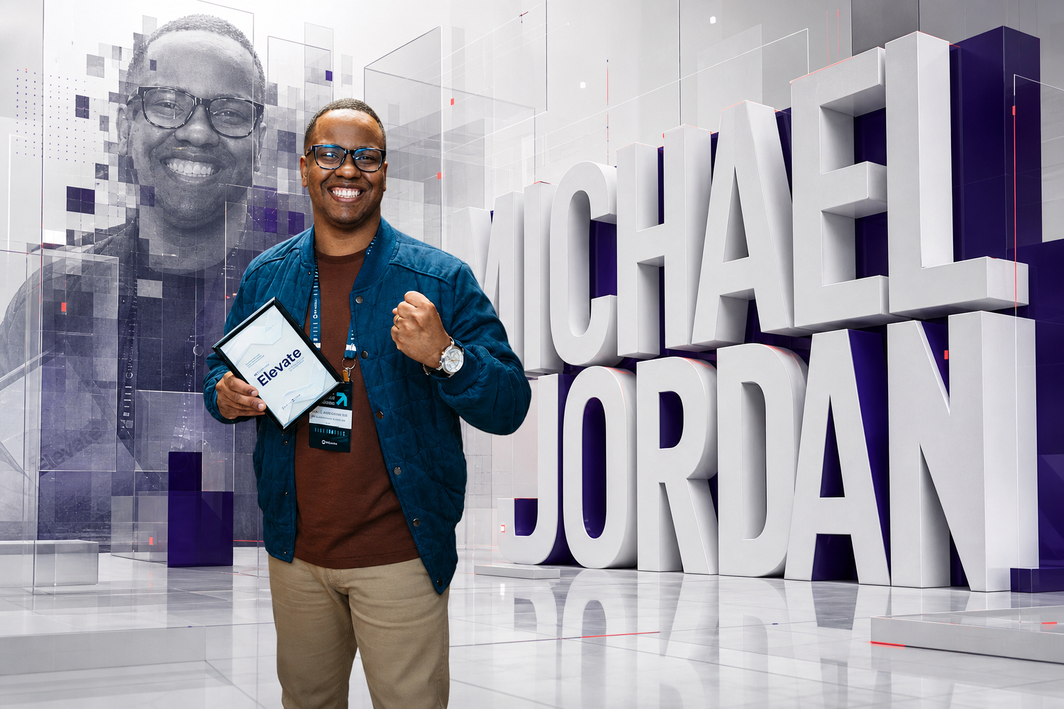 Michael Jordan em composição editorial com seu nome integrado ao cenário