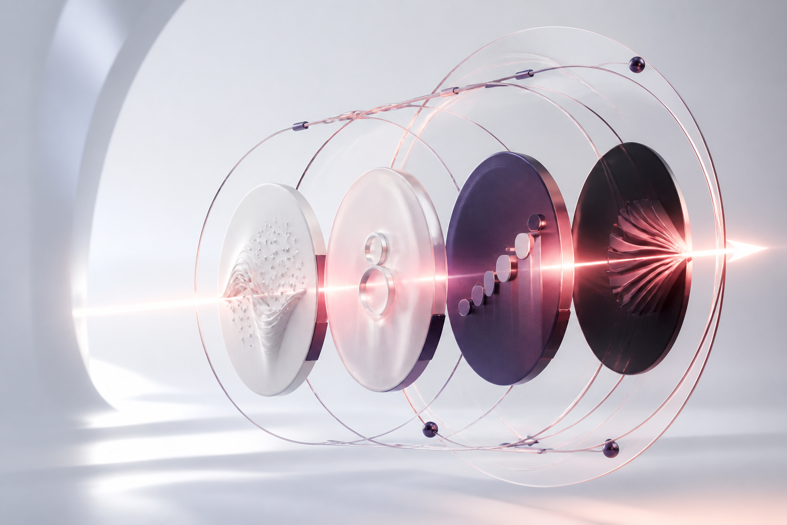 Quatro camadas tridimensionais conectadas por luz e órbitas transparentes